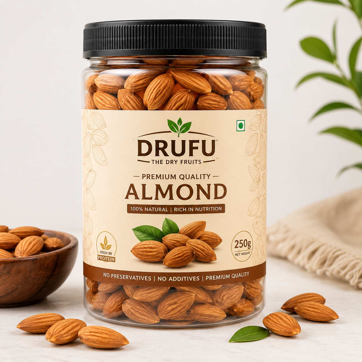Drufu Special 100% Natural Premium Californian Almonds,Dried,250GM (JAR PACK)