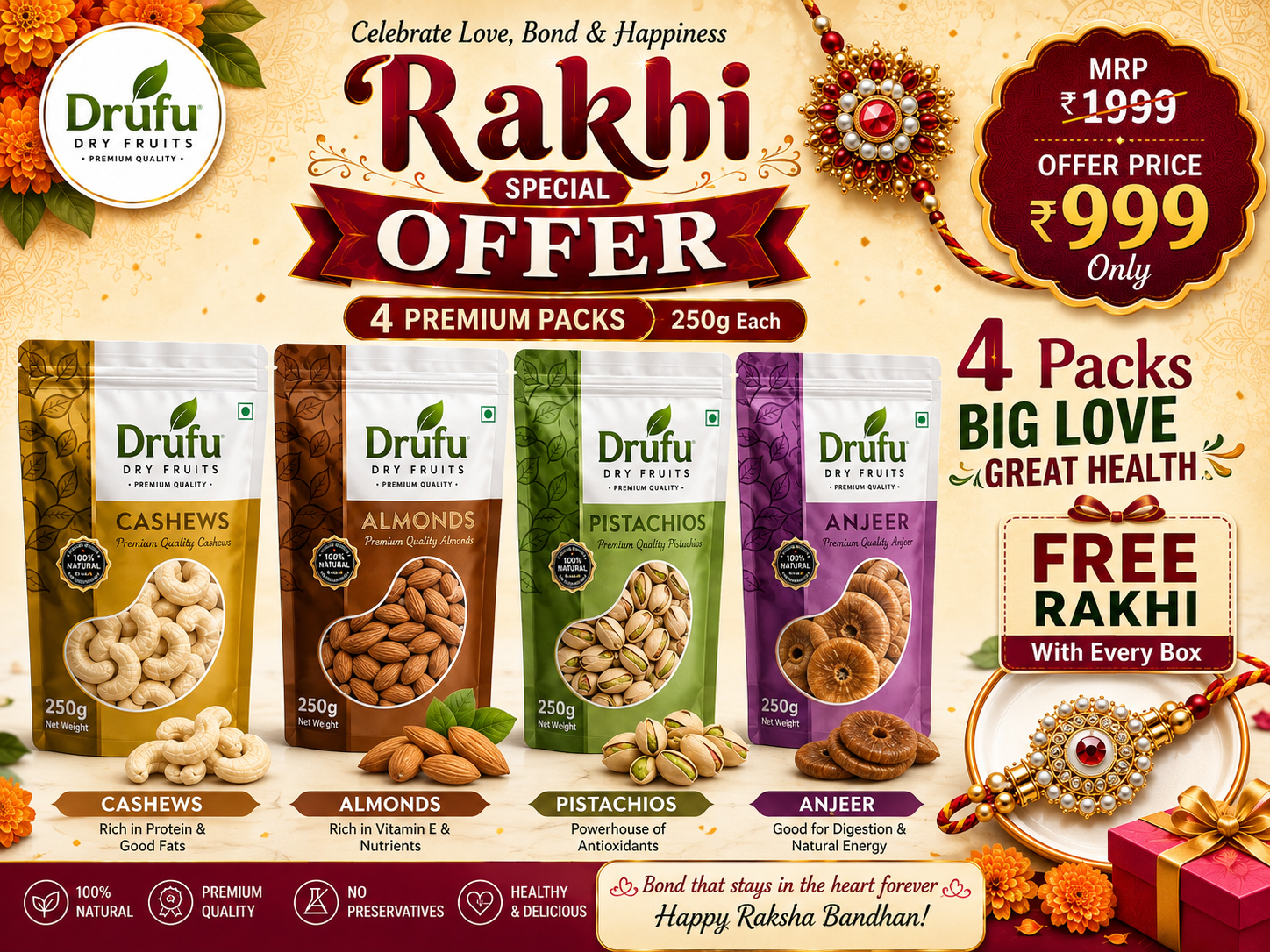 Rakhi Special Dry Fruit Gift Box – 4 Premium Packs (250g Each) | Cashew, Almond, Pistachio & Anjeer | Free Rakhi | ₹999