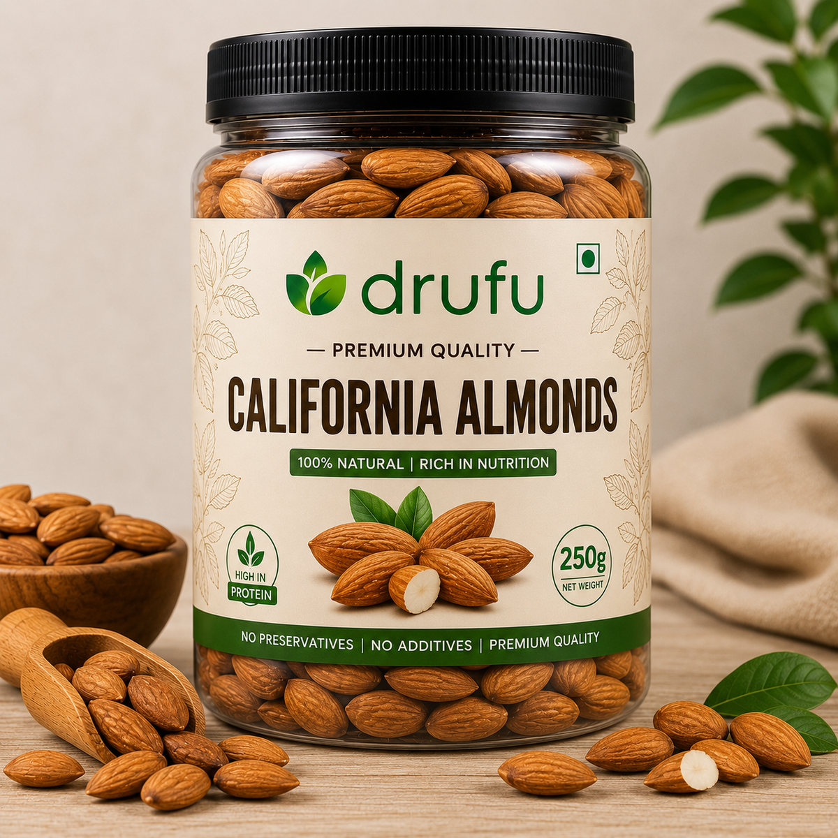 Drufu Special 100% Natural Premium Californian Almonds,Dried,250GM (JAR PACK)